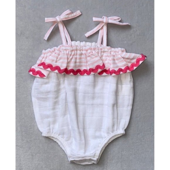 Mud Pie cotton gauze muslin bubble ric rac white pink 0-3m nwot - Picture 2 of 2